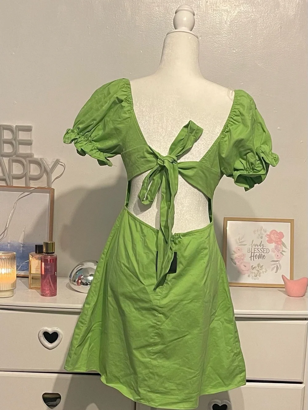 Fashion Nova Lime Green Puff Sleeve Square Neck Mini Dress size XL NWT